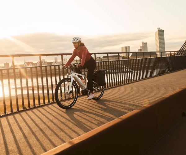 Bicycle commuter on a bridge in an urban environment