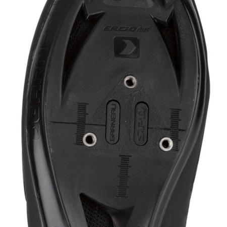 The cleat mounting area of a road cycling shoe