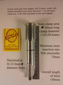 B&L Bicycles French bicycle stem quill adapter for 22.0, threadless