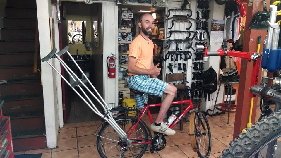 Scott Trost of Idaho can barely make the bike go forward given his weak legs!