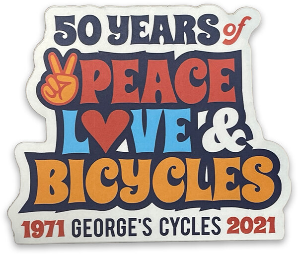 George's Cycles George's Custom Peace Love Bicycles Sticker 3" x 2.75"