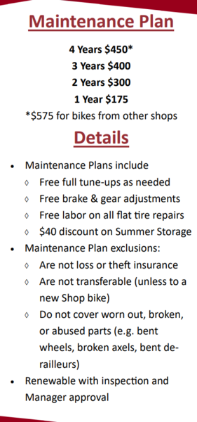 Campus Bike Shop Maintenance Plan for Bike Purchased at the Shop 