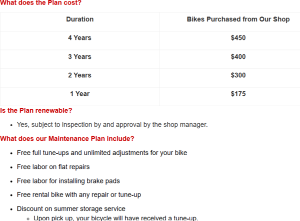Campus Bike Shop Maintenance Plan for Bikes Purchased at the Shop