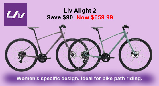 Liv Alight 2 Hybrid Bikes are women's specific and ideal for bike path riding.